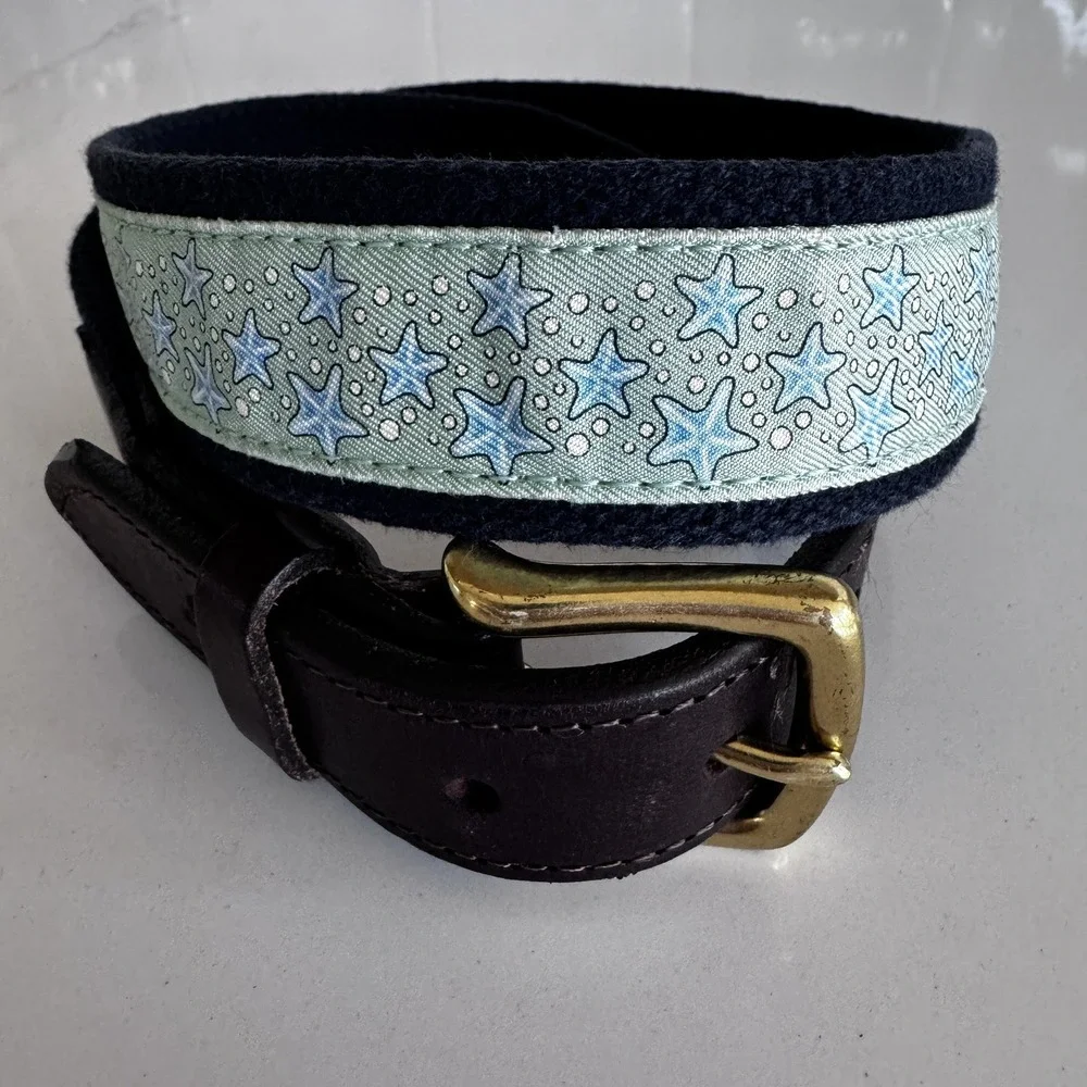 Vineyard Vines Starfish Canvas Belt Boys Size 30 Navy Blue Leather Trim Preppy